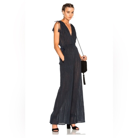 Ulla Johnson Navy Striped Jumpsuit Size 8 NWOT Tassels V Neck - Picture 1 of 11